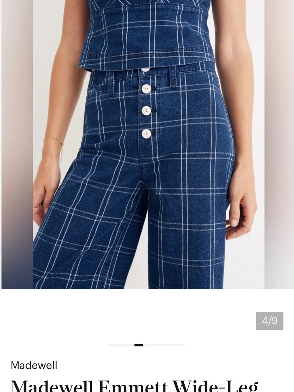 Madewell indigo plaid Tall Wide-Leg Crop Pants -  28 inseam  New - button tags